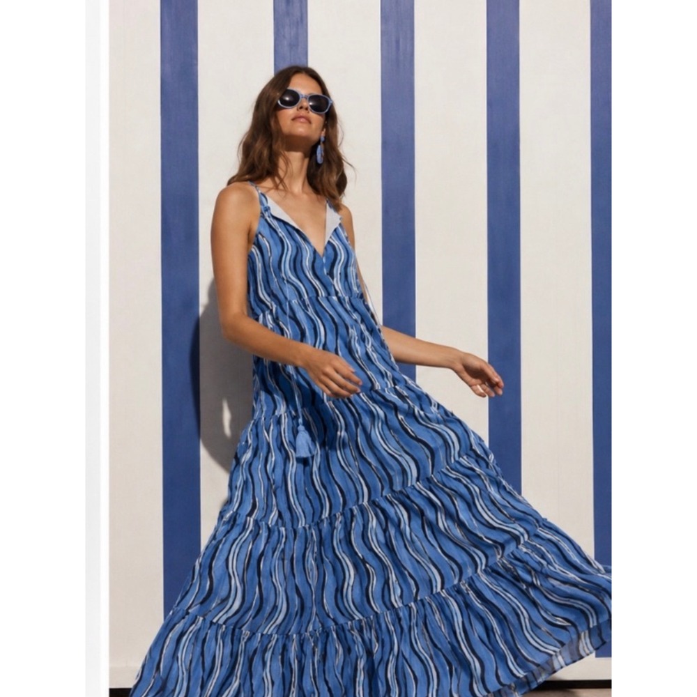 Oliphant Women's Blue Wavy Print Tassel Tiered Boho Cotton Maxi Dress XS